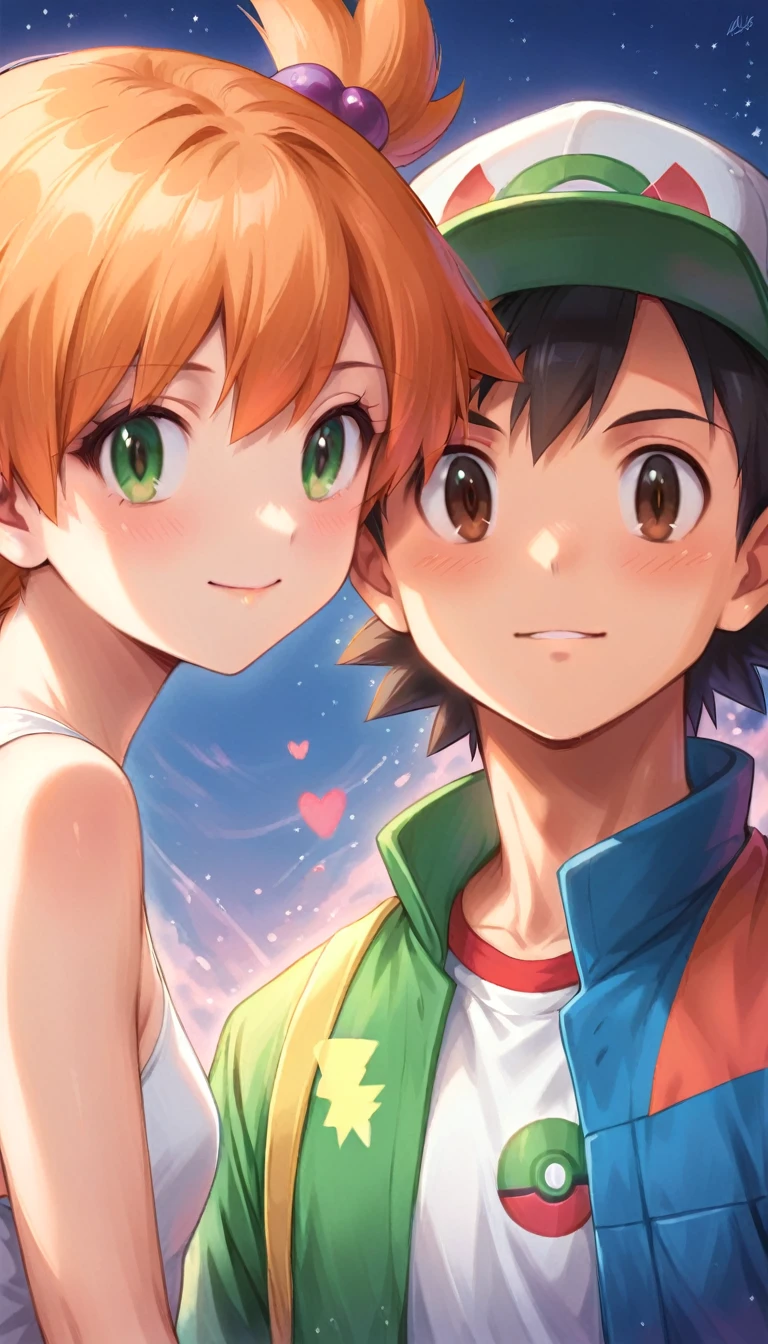 ash covering misty from the sudden rain. Ash_pokemon ,hat , black hair, brown eyes .ash Ketchum ,1 guy. Misty_pokemon , Berry Short,Orange Hair, one side up hair ,Big green eyes,Small breasts,Skinny . pokemon couple . realist background, colorful, (Highest quality,Very detailed,Realistic:1.37),humor,Comic book style,Bold,Vibrant colors, Close to cool colors,Desaturate,Beautiful night view, A girl and a boy, Fun couple, Laughter, floating love, 