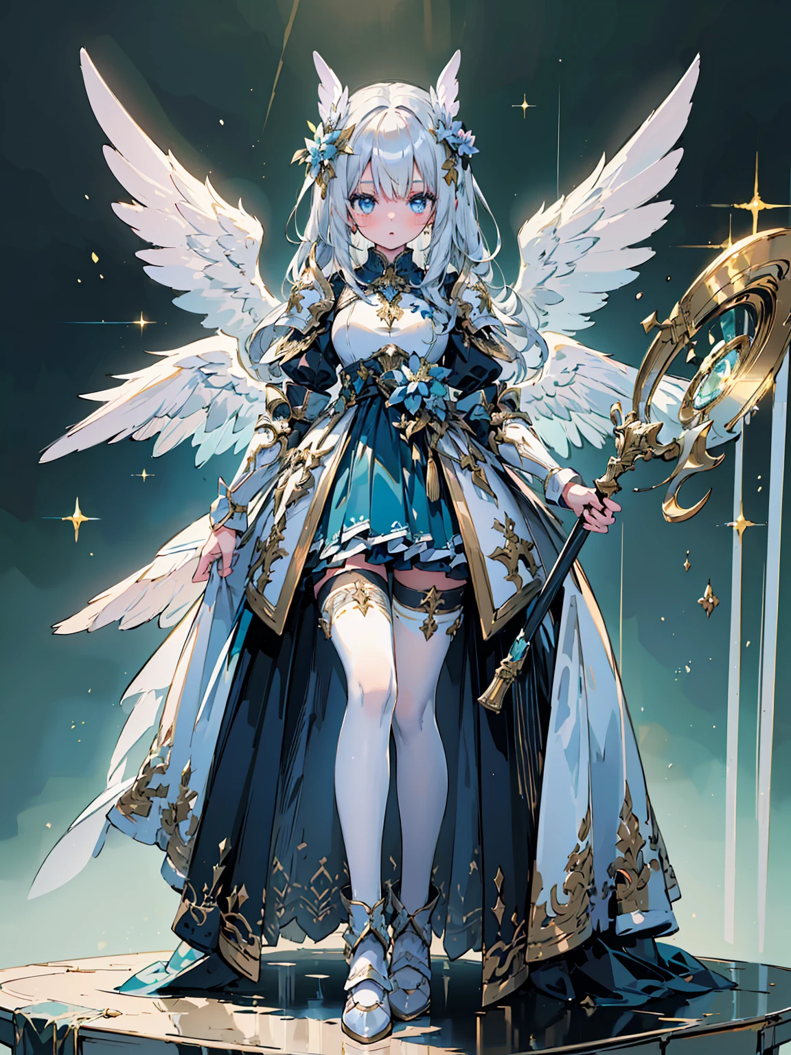 (((masterpiece, best quality, high detailed, 16k))) (1girl) A serenely beautiful woman with long silver hair and radiant blue eyes. She wears a gleaming silver and white armor, with large, luminous white wings . She holds a golden trumpet, ready to sound the divine call. ((full body front view)), (extremely detailed:1.5)