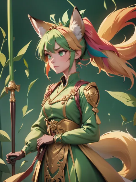 a woman with fennec fox ears and tail, with long multi-coloured hair, wearing a detailed costume with green, gold and brown (ant...