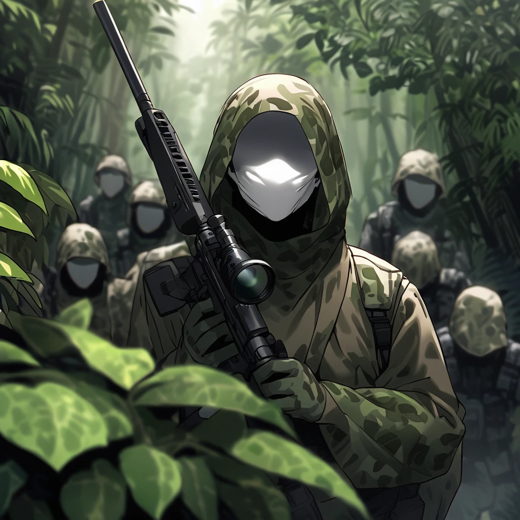 ((Invisible Man:1.5))、Predatory expression、Stealth Infantry Combat Group、Invisible Manの複数の女性兵士、The outline of the body is blurred and unclear、He pointed the muzzle of his sniper rifle at me and glared at me.、Hiding in the dense jungle、Apply detail paint to face、Assimilating into the jungle、The face and hands are barely visible.。It&#39;s dark because the sunlight doesn&#39;t reach the deep jungle.。