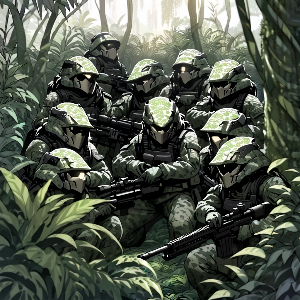 a group of female stealth infantry soldiers, predator-like camouflage, blurred and indistinct body outlines, aiming sniper rifles, concealed in a lush jungle, faces painted in intricate patterns, blending into the jungle environment, only faint glimpses of faces and hands visible, dark and gloomy jungle with little sunlight penetrating