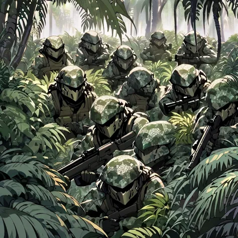 a group of female stealth infantry soldiers, predator-like camouflage, blurred and indistinct body outlines, aiming sniper rifle...