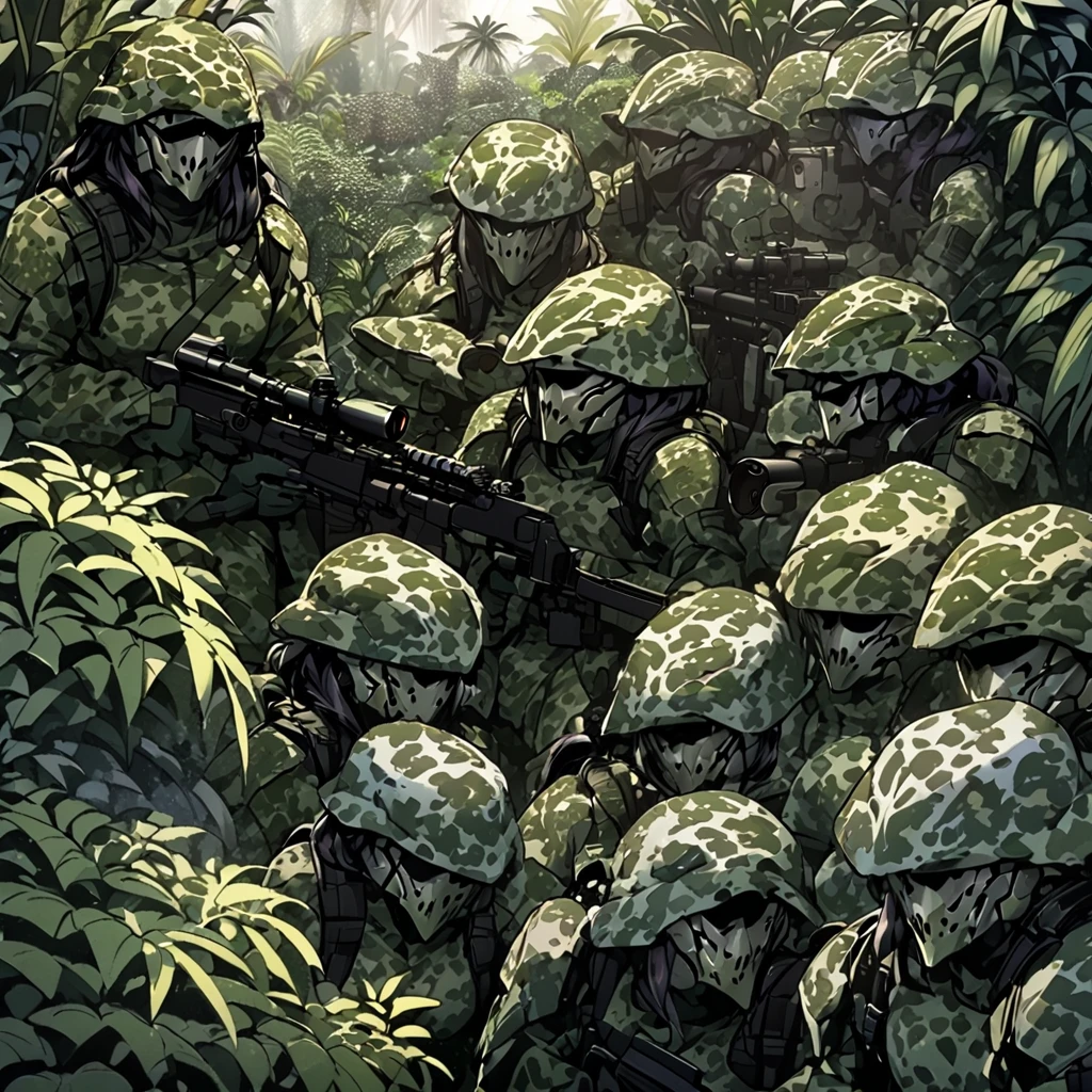 a group of female stealth infantry soldiers, predator-like camouflage, blurred and indistinct body outlines, aiming sniper rifles, concealed in a lush jungle, faces painted in intricate patterns, blending into the jungle environment, only faint glimpses of faces and hands visible, dark and gloomy jungle with little sunlight penetrating