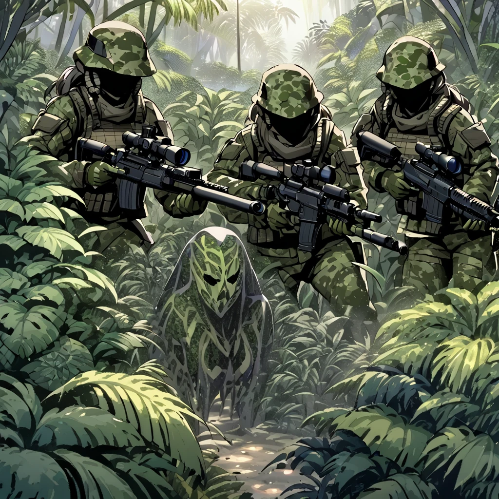 a group of female stealth infantry soldiers, predator-like camouflage, blurred and indistinct body outlines, aiming sniper rifles, concealed in a lush jungle, faces painted in intricate patterns, blending into the jungle environment, only faint glimpses of faces and hands visible, dark and gloomy jungle with little sunlight penetrating