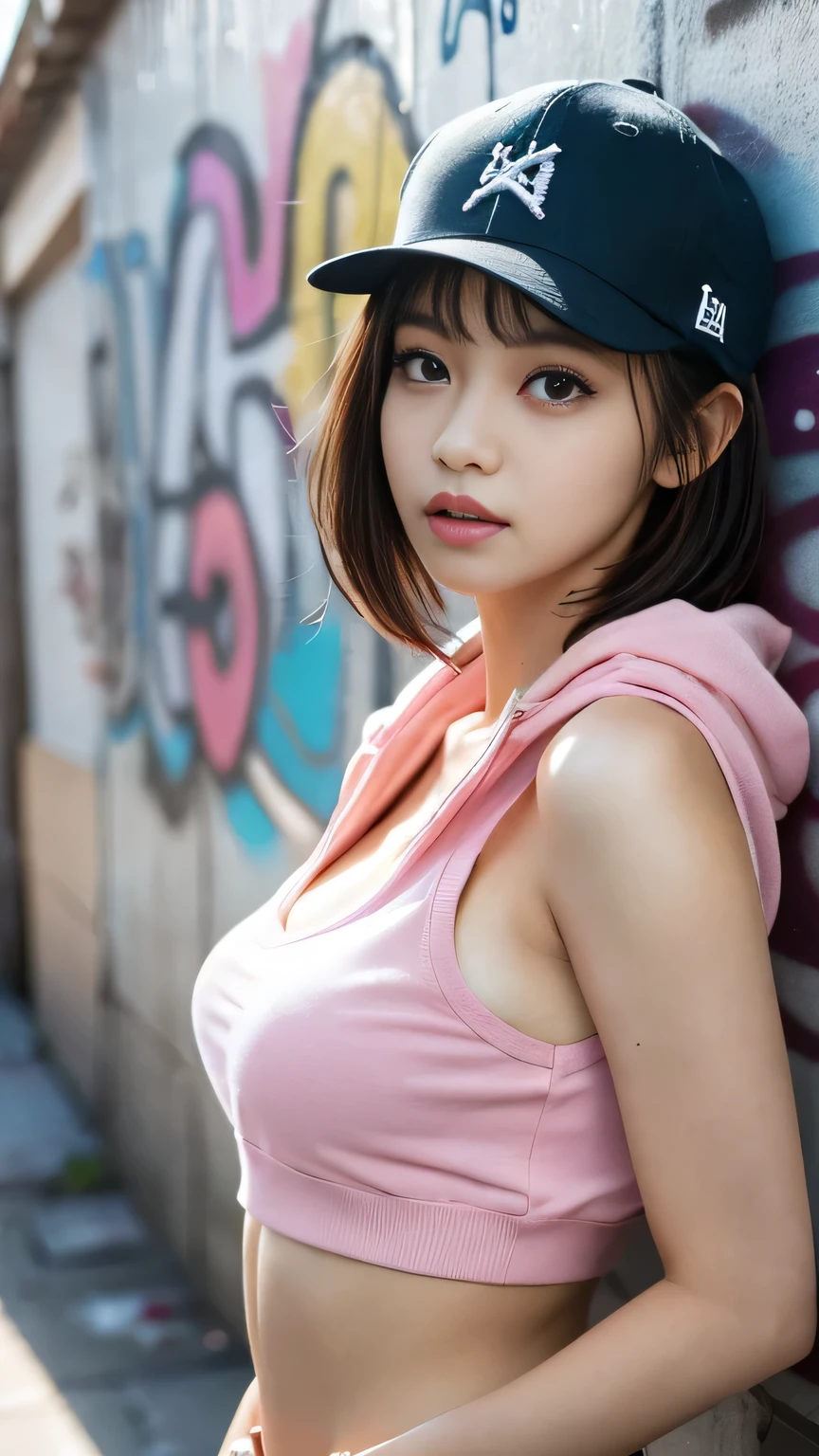 masterpiece, Best Quality, Super detailed, 8k, Realistic, One Girl, Alone, Tomboy, Super detailed face, (Upper body photo:1.5), Standing against a wall covered in hip hop graffiti, Grey hair and pixie cut, She is wearing a short tank top and an unzipped fluorescent pink hoodie..,Chest visible,Cute ass,Wearing a New Era cap