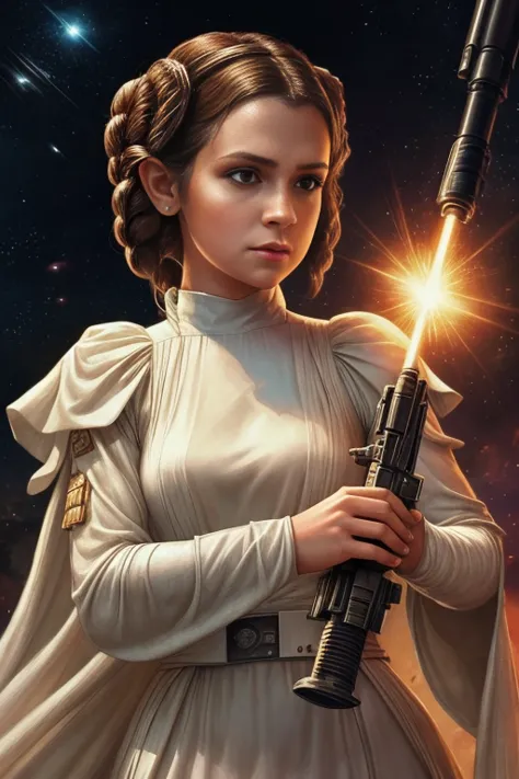 a close up of a woman in a white dress holding a gun, princess leia, princess intergalactica, star wars character, by eddie mend...