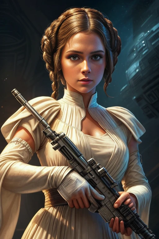 a close up of a woman in a white dress holding a gun, princess leia, princess intergalactica, star wars character, by Eddie Mendoza, star wars style, star wars art, by Rodel Gonzalez, star wars imperial style, taylor swift as princess leia, beautiful comic art, padme amidala, emma watson as princess leia, portrait of princess leia