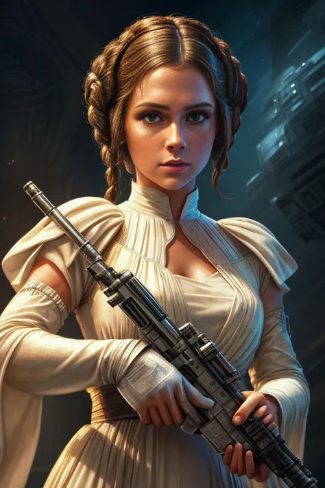 a close up of a woman in a white dress holding a gun, princess leia, princess intergalactica, star wars character, by eddie mend...