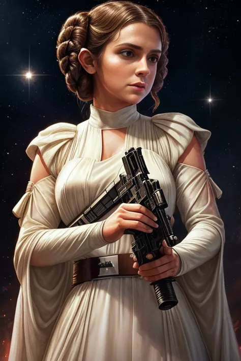 a close up of a woman in a white dress holding a gun, princess leia, princess intergalactica, star wars character, by eddie mend...