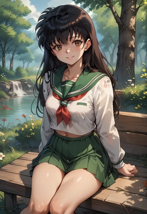 kagome, 1girl, solo, long_hair, looking_at_viewer, smile, bangs, black_hair, long_sleeves, navel, brown_eyes, sitting, school_un...