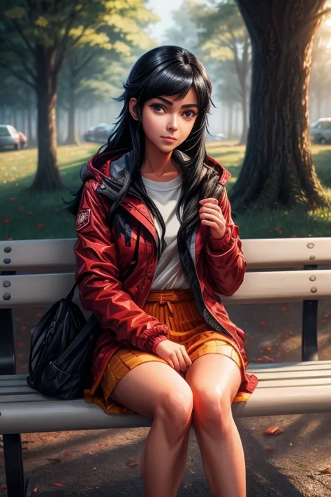 anime girl with black hair and a red jacket sitting on a bench, alena aenami and artgerm, artgerm and ilya kuvshinov, ilya kuvsh...