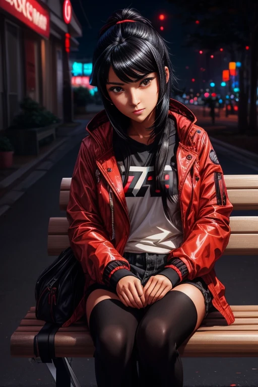 anime girl with black hair and a red jacket sitting on a bench, alena aenami and artgerm, artgerm and ilya kuvshinov, ilya kuvshinov. 4 k, ilya kuvshinov and artgerm, by Ilya Kuvshinov, ilya kuvshinov style, digital art ilya kuvshinov