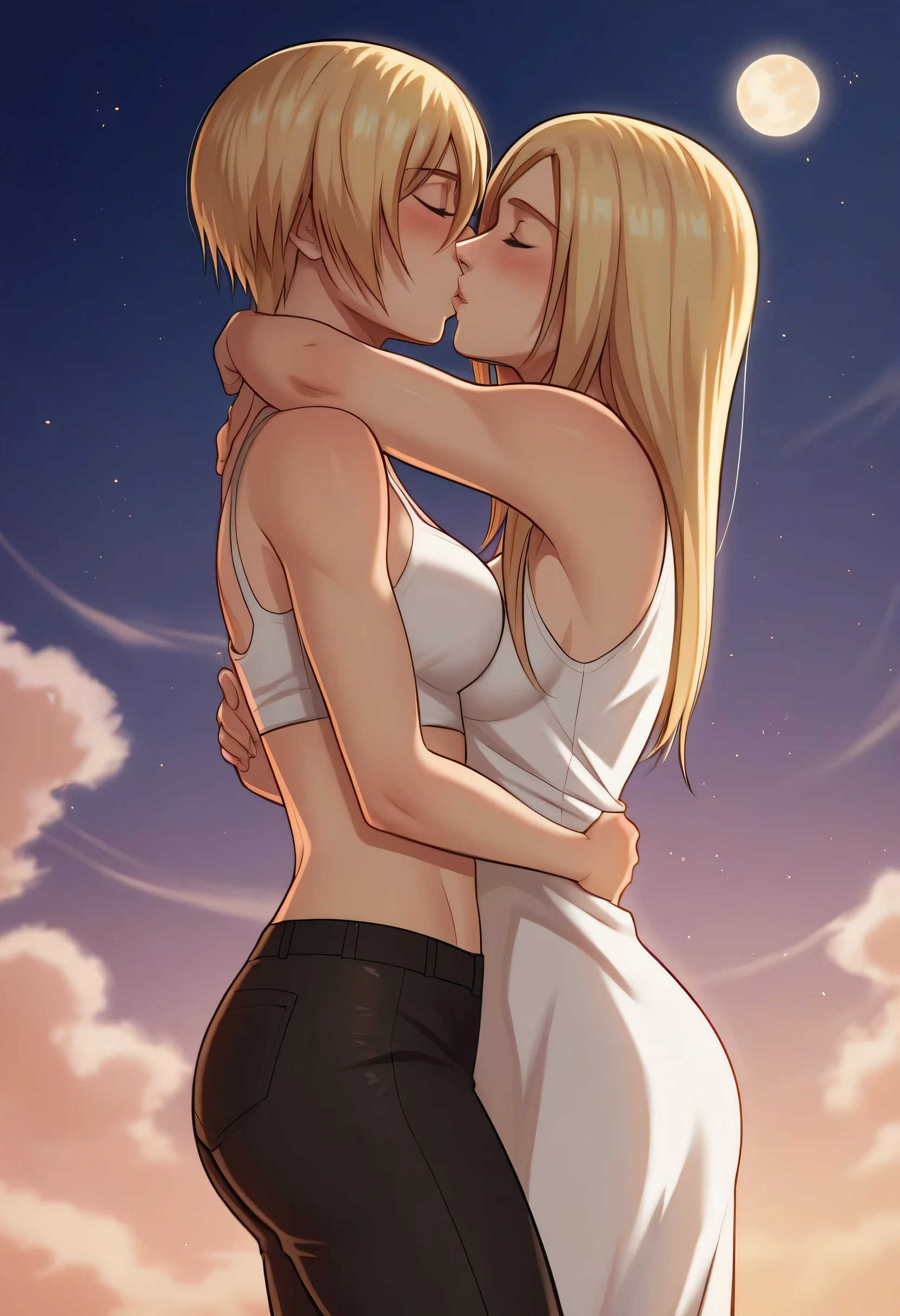 score_9, score_8_up, score_7_up, BREAK source_anime, historia reiss, blue eyes, blonde hair, long hair, medium breasts, long white dress sleeveless,female black hair soldier hugs historia,Mikasa with historia hugs,mikasa wreanig black sport bra and black combat pants,Mikasa female with short hair,mikasa female medium breasts,eyes closed,in night,moon in sky,mikasa final season,mikasa,Mikasa hugs historia،mikasa femboy,mikasa final season,historia blonde hair,hugs and kissing,mikasa carrying historia and kissing her,Mikasa lifts Historia up and kisses her.in middle night,lesbians,girl ×girl,yuri,romantic yuri,mikasa handsome female,historia beautiful female,mikasa touch historia ass,historia Both her hands around mikasa neck,