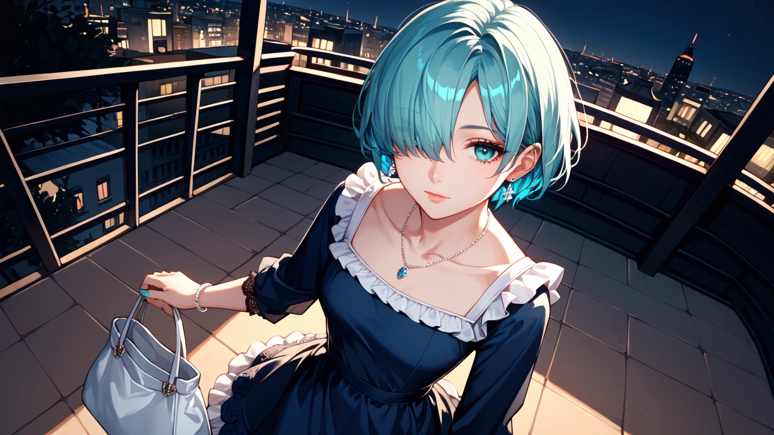 score_9, score_8_up, score_7_up, (1girl, solo), from above, aqua hair, short hair, hair over one eye, hair over eyes, aqua eyes, aqua nails, expressionless, light smile, lips, navy dress, frilled dress, lace-trimmed dress, white frills, white ribbon, short sleeves, collarbone, blue earrings, blue necklace, silver bracelet, white handbag, holding, holding bag, outdoors, city, faint light, cool light, moonlight, night