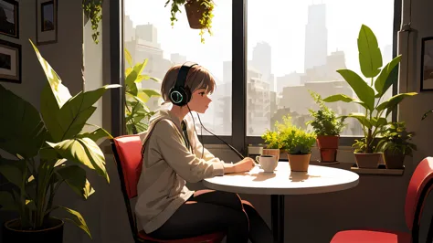 surreal, hd ultra gloss, 8k, girl with headphones, cafe, window, warm light, plant, lofi, jazz, relax, relaxed atmosphere