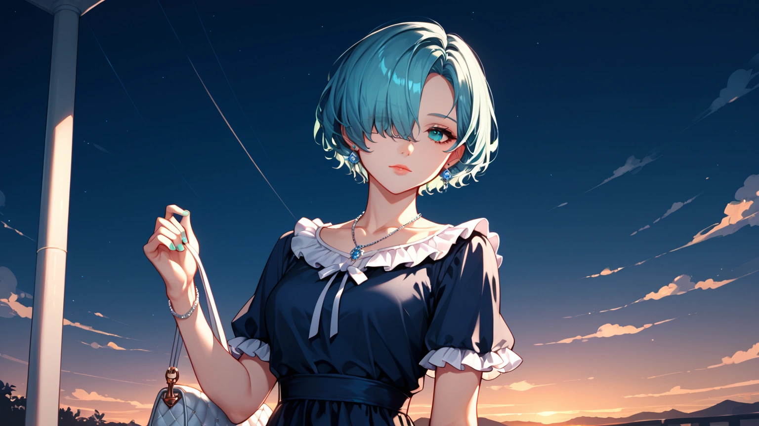 score_9, score_8_up, score_7_up, (1girl, solo), aqua hair, short hair, hair over one eye, hair over eyes, aqua eyes, aqua nails, expressionless, light smile, lips, navy dress, frilled dress, lace-trimmed dress, white frills, white ribbon, short sleeves, collarbone, blue earrings, blue necklace, silver bracelet, white handbag, holding, holding bag, outdoors, faint light, cool light, moonlight, night