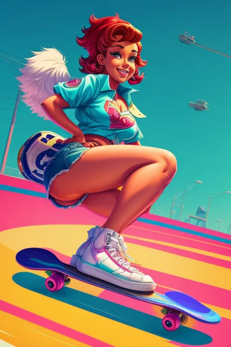 a close up of a cartoon of a woman on a skateboard, girl pinup, pinup art, furry digital art, cartoon style illustration, firey,...