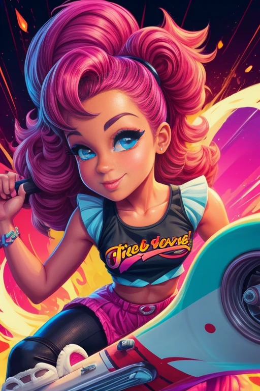 a close up of a cartoon of a woman on a skateboard, girl pinup, pinup art, furry digital art, cartoon style illustration, firey, full color digital illustration, vibrant cartoon art, air brush illustration, pin-up poster girl, furry art!!!, eighties-pinup style, colorfull illustration, pin up, outrun art style, fanart, fluffy''