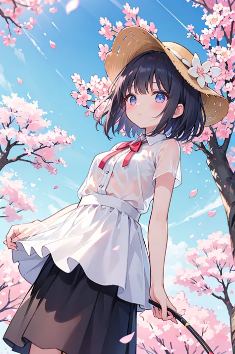 under a cherry tree in full bloom、she is wearing a pretty white see-through blouse and、she is wearing a soft, see-through skirt....