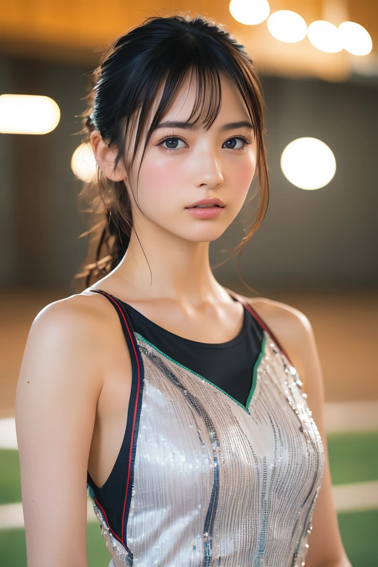 (8k, RAW Photos,Best Quality, High resolution:1.1), (Ultra-realistic:1.4),(Realistic, Realistic:1.3),Japanese Beauty、Rhythmic Gymnastics Club、Rhythmic Gymnastics Uniform、((Upper Body:1.3))