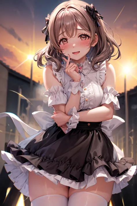 lying on a sunny meadow、strong winds、her skirt is flipped up、underwear is exposed、close-up looking up from below、minami kotori, ...