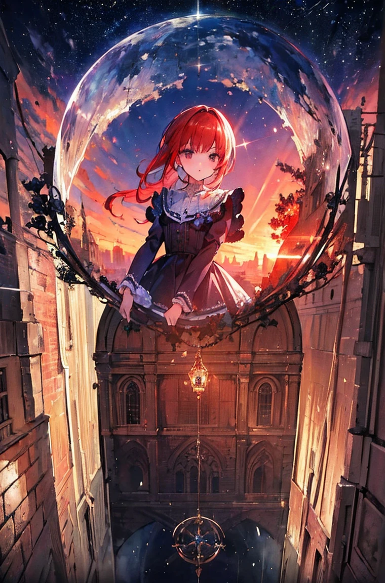 High resolution, (masterpiece:1.4), Very detailed, One junior high school student,night,cathedral,infant(),Hairstyle(Two Side Up),Makima、Red Hair,Dress, View from above, lighting, -0 hours