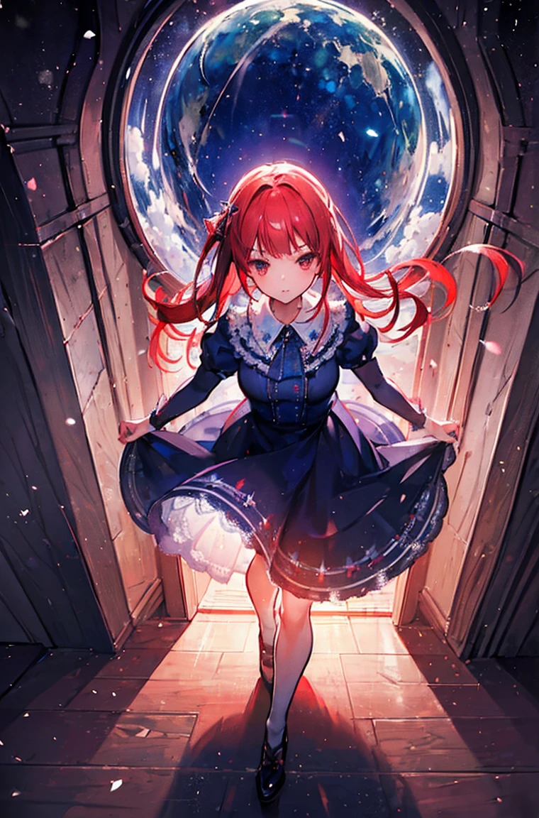 High resolution, (masterpiece:1.4), Very detailed, One junior high school student,night,cathedral,infant(),Hairstyle(Two Side Up),Makima、Red Hair,Dress, View from above, lighting, -0 hours