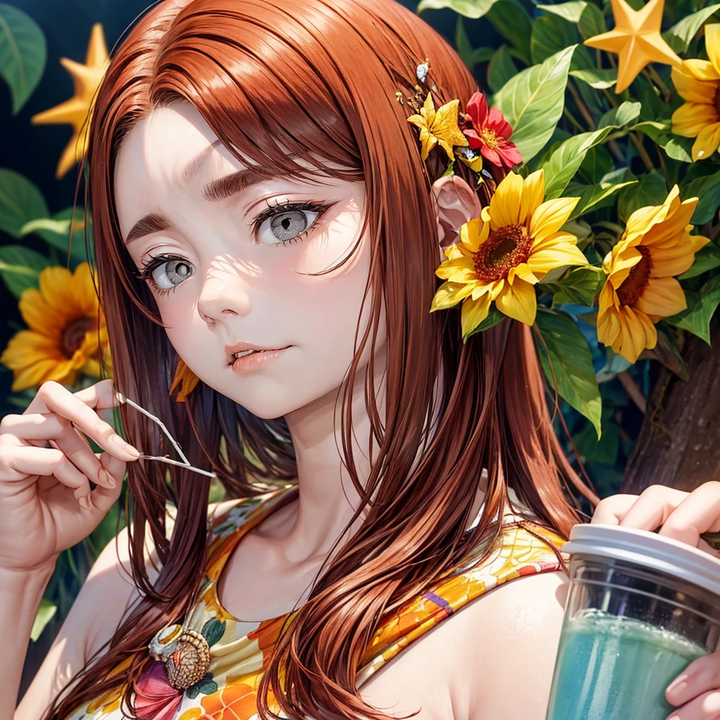 absurd, high resolution, Extremely detailed, 1 Girl, Solitary, Extremely detailed eyes, starfish, seashell, shell, flower, have, Hair accessories, Jewelry, straw have, Looking at the audience, sunglasses, have flower, Drinking Straws, Hairpin, earrings, red flower, have色眼镜, yellow flower, Bangs, English text, Colorful hair, orange flower, Black Hair, ring, cup, Long hair, orange-have色眼镜, food, Brown hair, portrait, shell Hair accessories