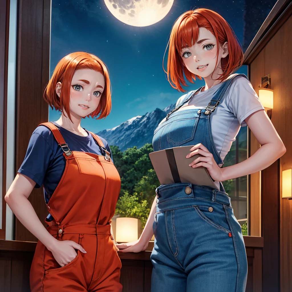 1 Girl, sxfrances, Short hair, Orange hair, Green Eyes, freckle, Smile, Red overalls, Blue Shirt, Roll up your sleeves, Mountain, moon, (night:1.5), Looking at the audience 