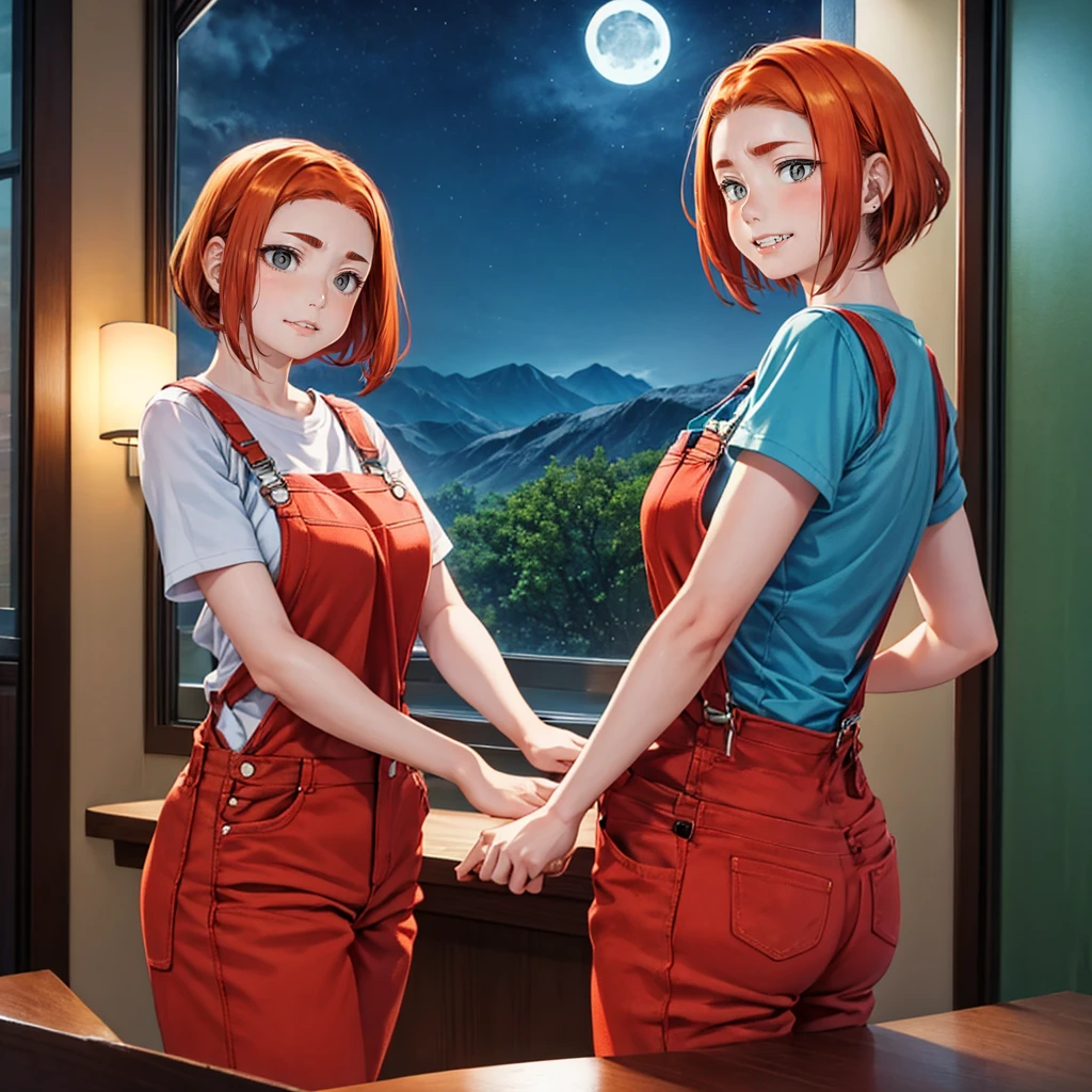 1 Girl, sxfrances, Short hair, Orange hair, Green Eyes, freckle, Smile, Red overalls, Blue Shirt, Roll up your sleeves, Mountain, moon, (night:1.5), Looking at the audience 