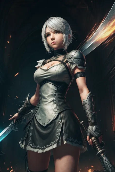 a woman with a sword and a sword in her hand, riven, riven from league of legends, 2b, 2 b, cyborg - girl with silver hair, nier...