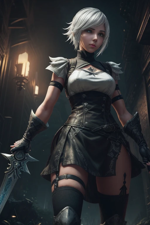 a woman with a sword and a sword in her hand, riven, riven from league of legends, 2b, 2 b, cyborg - girl with silver hair, nier inspired, tifa lockhart with white hair, nier : automata inspired, nier:automata inspired, fighting game character, 2b from nier automata, 2 b from nier automata