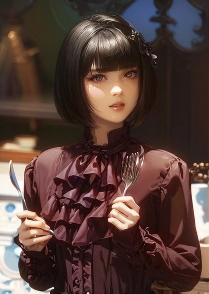 (masterpiece,best quality, looking at viewer),1woman,20 years old,Alone,(Black Hair,short hair,Bobcut,blunt bangs),eye shadow,(Slim Body),Small breasts,Russet frill shirt,Black Ribbon,Holding a spoon and fork