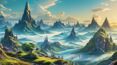 a surreal landscape with floating mountains, vibrant colored skies, mythical creatures flying, hyper-realistic, ultra-detailed, ...