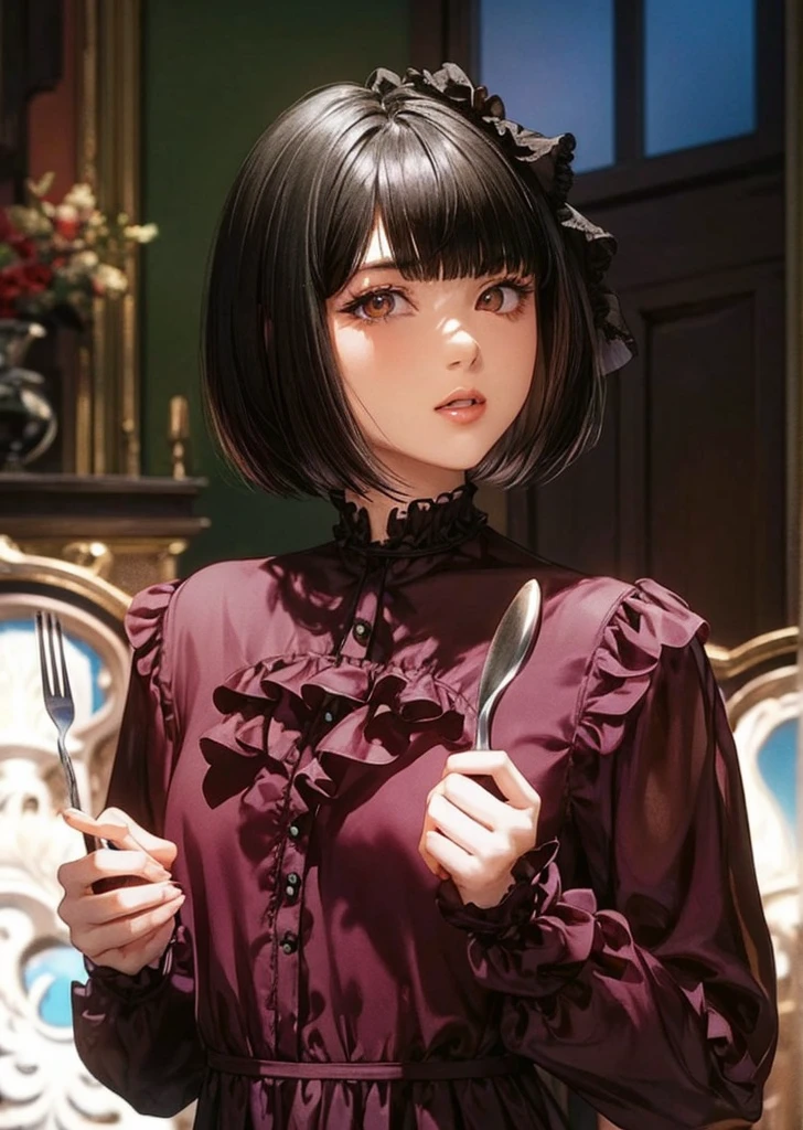 (masterpiece,best quality, looking at viewer),1woman,20 years old,Alone,(Black Hair,short hair,Bobcut,blunt bangs),eye shadow,(Slim Body),Small breasts,Russet frill shirt,Black Ribbon,Holding a spoon and fork,see-through