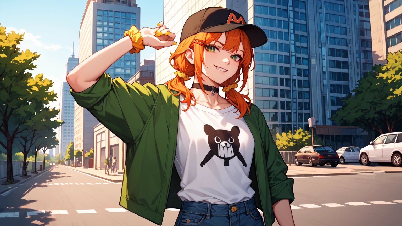 score_9, score_8_up, score_7_up, (1girl, solo), orange hair, medium hair, bangs, low twintails, baseball cap, black baseball cap, yellow scrunchie, red hairclip, nail polish, yellow nails, wrist scrunchie, choker, smile, smirk, fang, faint lips,  green jacket, sleeves rolled up, white shirt, t-shirt, print shirt, collarbone, denim shorts, rucksack, outdoors, faint light, afternoon, city