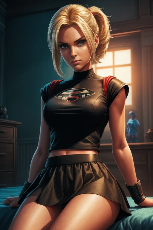 a woman in a black top and blue skirt sitting on a bed, android 18, power girl, comic digital art, looking like annie leonhart, beautiful comic art, annie leonhart, inspired by Rob Liefeld, cutesexyrobutts, she is ready to fight, high quality colored sketch, 8k comic art, glamorous jill valentine, epic comic book style