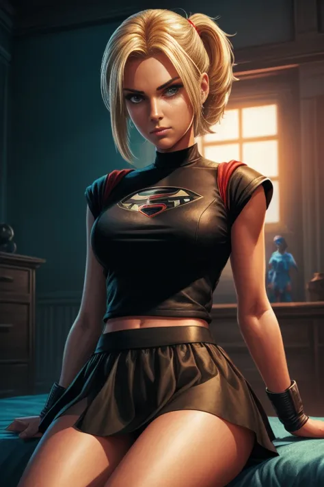 a woman in a black top and blue skirt sitting on a bed, android 18, power girl, comic digital art, looking like annie leonhart, ...