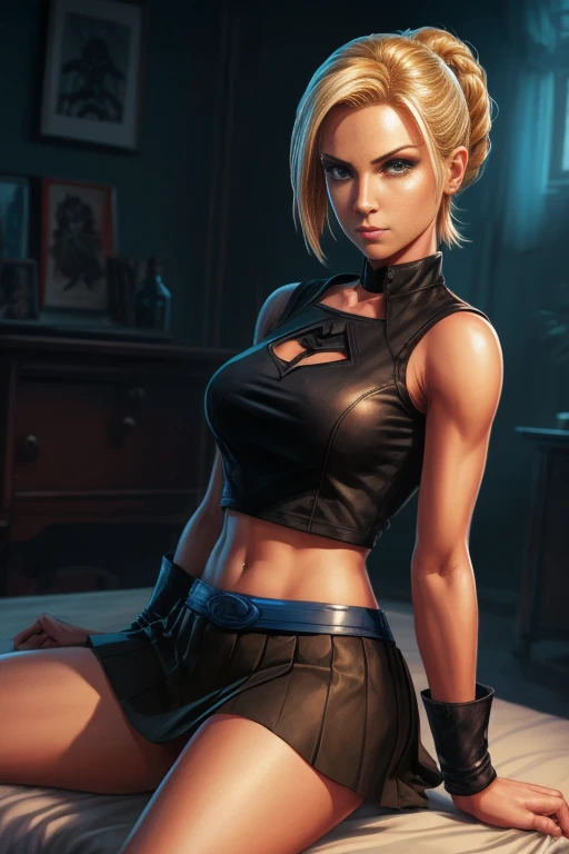 a woman in a black top and blue skirt sitting on a bed, android 18, power girl, comic digital art, looking like annie leonhart, beautiful comic art, annie leonhart, inspired by Rob Liefeld, cutesexyrobutts, she is ready to fight, high quality colored sketch, 8k comic art, glamorous jill valentine, epic comic book style