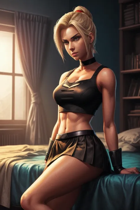 a woman in a black top and blue skirt sitting on a bed, android 18, power girl, comic digital art, looking like annie leonhart, ...