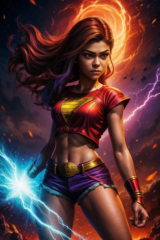 a woman in a red shirt and purple shorts holding a sword, portrait of modern darna, epic comic book style, saiyan girl, maya ali as a lightning mage, comic book character, she has fire powers, fanart, super-hero girl, comic digital art, 90s comic book character design, annabeth chase, comic character, zendaya as she-hulk