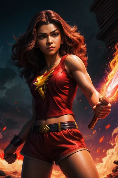 a woman in a red shirt and purple shorts holding a sword, portrait of modern darna, epic comic book style, saiyan girl, maya ali...