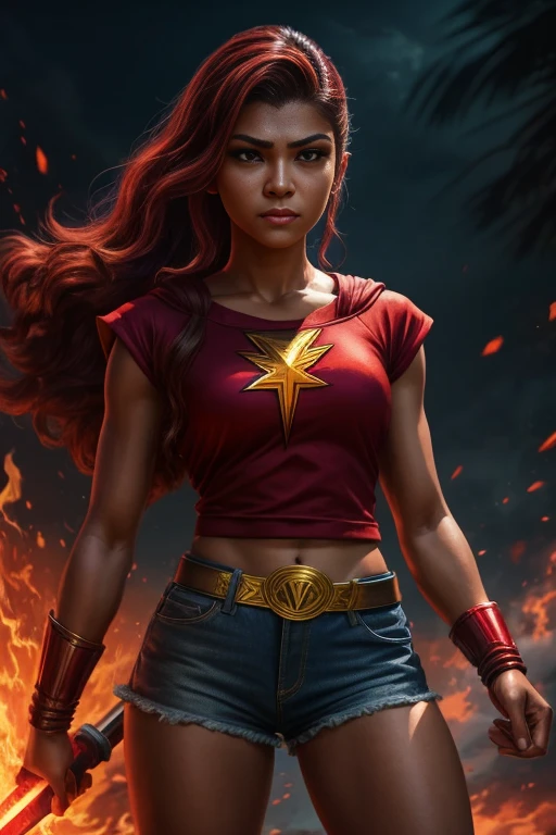 a woman in a red shirt and purple shorts holding a sword, portrait of modern darna, epic comic book style, saiyan girl, maya ali as a lightning mage, comic book character, she has fire powers, fanart, super-hero girl, comic digital art, 90s comic book character design, annabeth chase, comic character, zendaya as she-hulk