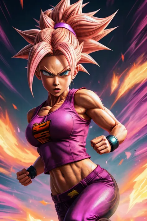 a woman in a pink top and purple pants is running, saiyan girl, female goku, the princess of power, super saiyan, going super sa...