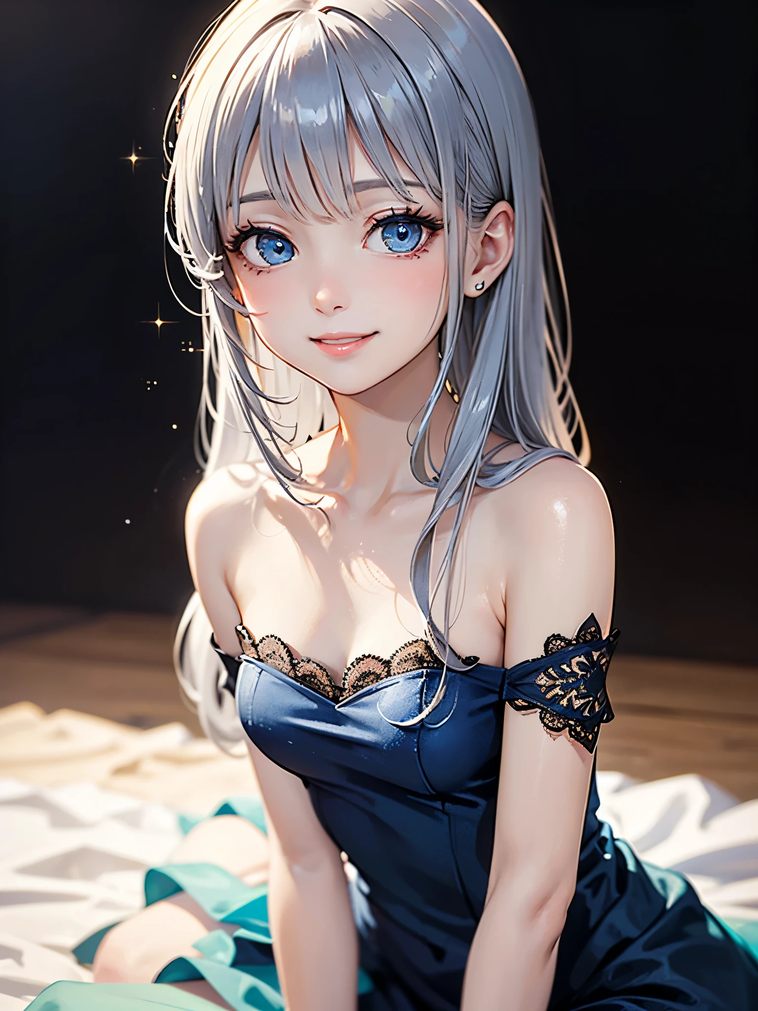 (masterpiece),(4K),high quality,Flat Chest,One girl,Long silver hair,Pale skin,Dramatic Makeup,Smiling graciously,Beautiful and exquisite blue eyes,Silk dress,Layering, (Highly detailed and elegant),Beautiful fade out, Detailed skin,The background is soft and blurred,Add a dramatic and symbolic element to your scene, Written boundary depth, Bokeh, Smooth to the touch, Ultra fine,Sitting,At White Beach,Brush strokes