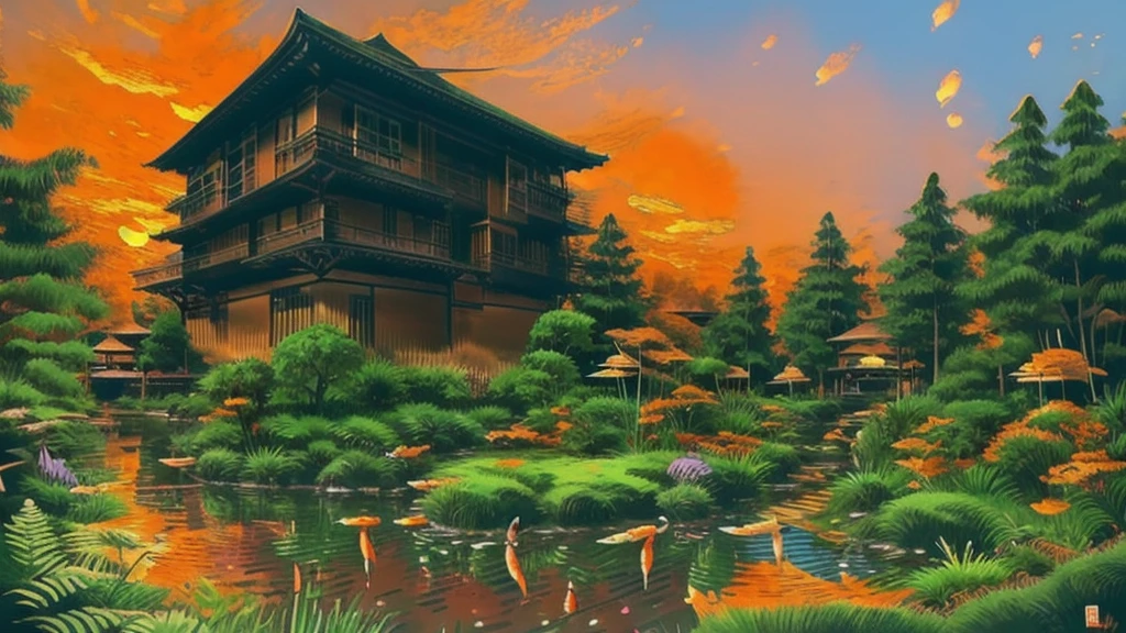 Beautiful Japanese garden surrounded by plants of beautiful colors, beautiful bonsais, a calm lake with koi fish, red and brown wooden bridges and a minka-style house. The whole scene is seen during sunrise with an orange sky.