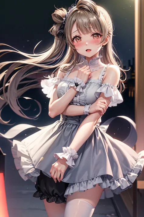 strong winds、her skirt is flipped up、panties are exposed、close-up of a view from the feet up、minami kotori, from love live,the p...