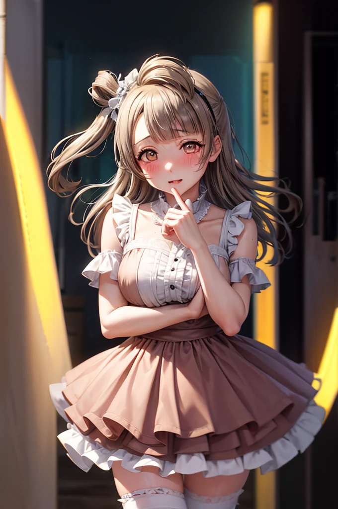 Strong winds、Her skirt is flipped up、Panties are exposed、Close-up looking up from below、Minami Kotori, from Love Live,The pants are exposed、oil skin, swearting, pantyhose, oil skin, sweating, blush, pantyhose, wet, thighs glistening with liquid allure,Stylish girl, wearing a frilly and lacy dress, heavy on ruffles and lace, "kawaii" fashion with punk accents, multiple layers, pastel shades, detailed accessories, joyful demeanor, Sunny grassland background. 