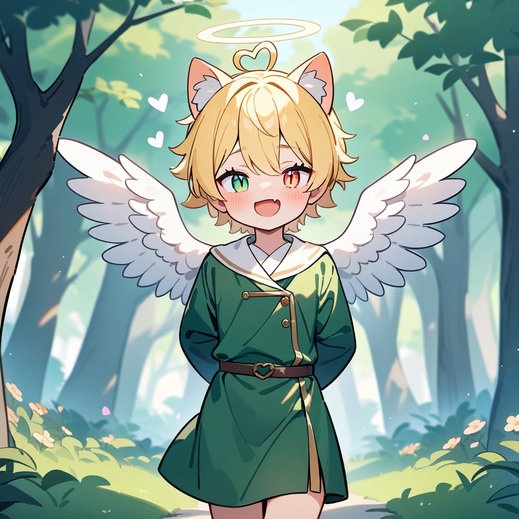 （masterpiece：1.2，high quality），8k，High resolution，A seven-year-old boy，cute boy，blonde hair，short hair， heterochromia，slit pupils，heart ahoge，cat ears，Halo on the head，（Halo），laughing，skin fang，There are white angel wings behind，Wearing a Robe，Stand in the forest，There are flowering trees on both sides.，primary school student，thigh，alone，((Hands behind your back))