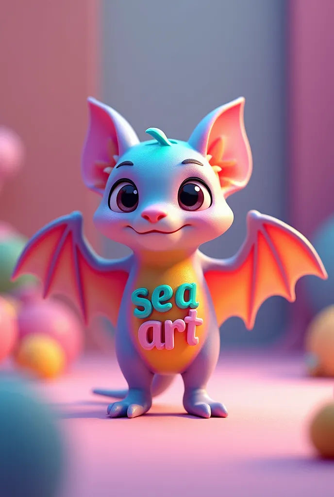 A mysterious rainbow-colored bat, with the text "Sea Art" designed on the bat's body, a cute face, flapping wings, children will love it, 3D animation style, soft and colorful colors.